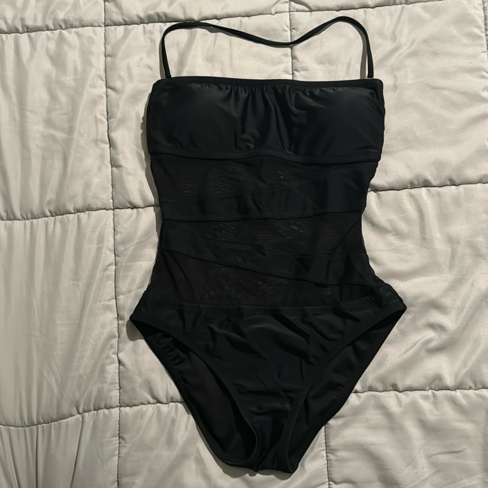 Black Mossimo swimsuit with sheer portions in front and solid sheer part in back